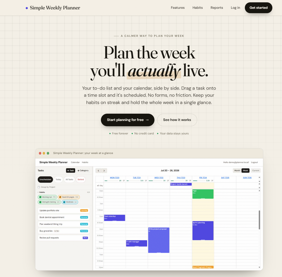 Simple Weekly Planner Homepage