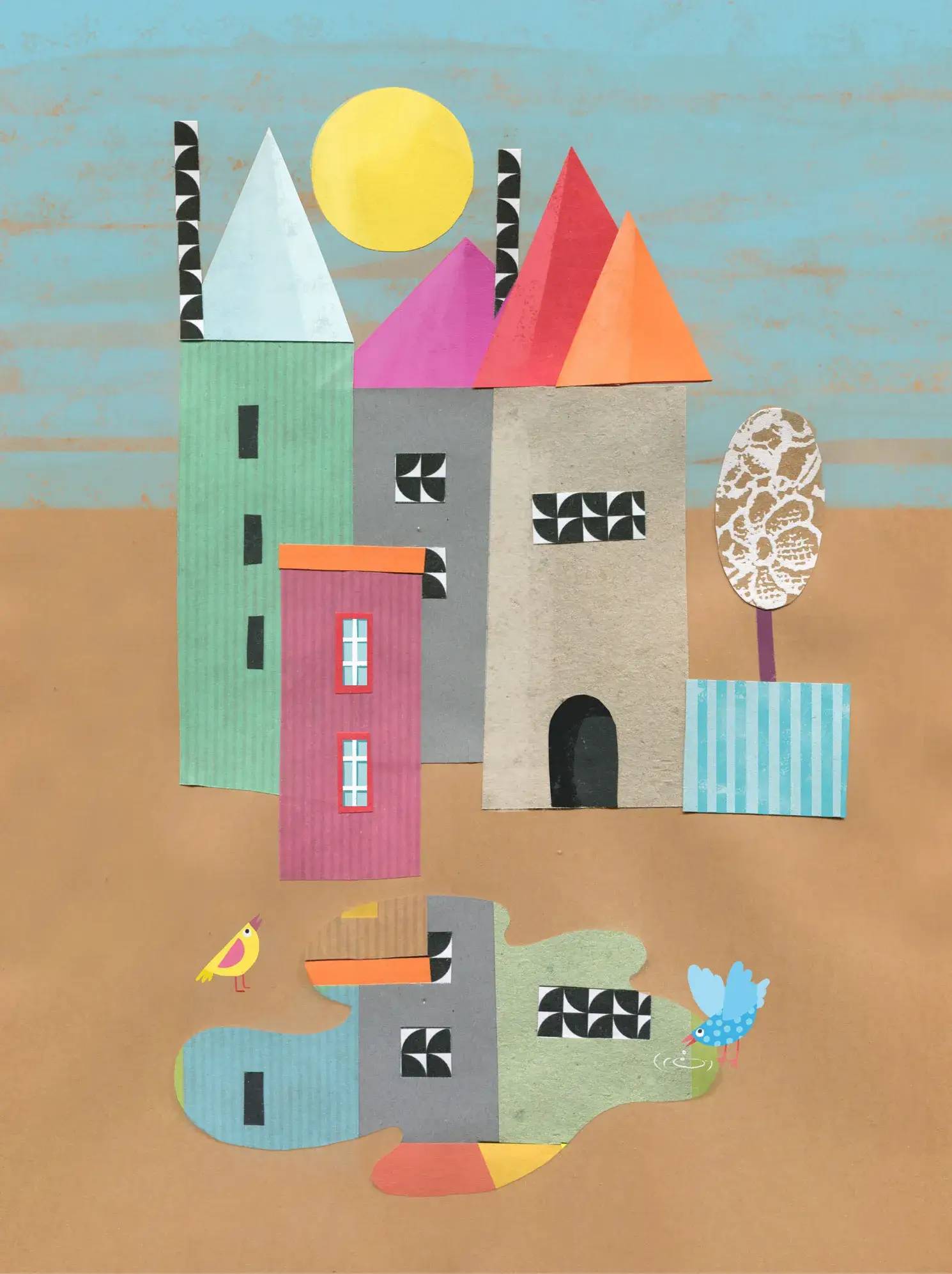 Ilustracja przedstawiająca kolorowy zamek, wykonana techniką wycinanki - Marta Sieczkowska. Illustration showing colorfull castle executed in cutout technique by Marta Sieczkowska.