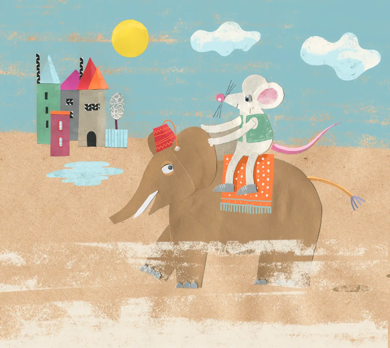 Ilustracja przedstwiająca mysz jadącą na słoniu w technice wycinanki - Marta Sieczkowska. Illustration showing a mouse riding an elephant, executed in cut-out technique by Marta Sieczkowska