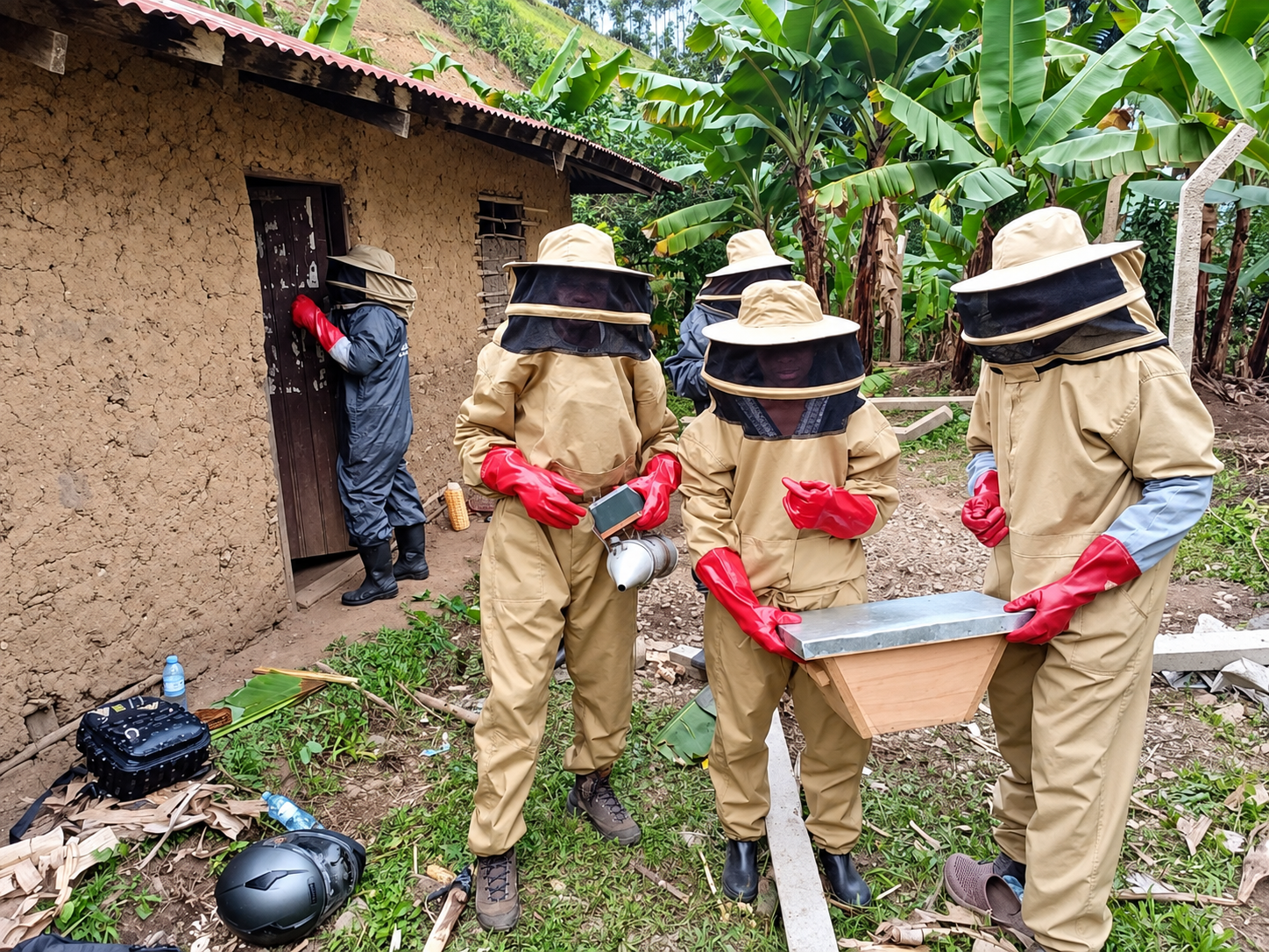 Local Bakonzo beekeeper working with mountain beehives