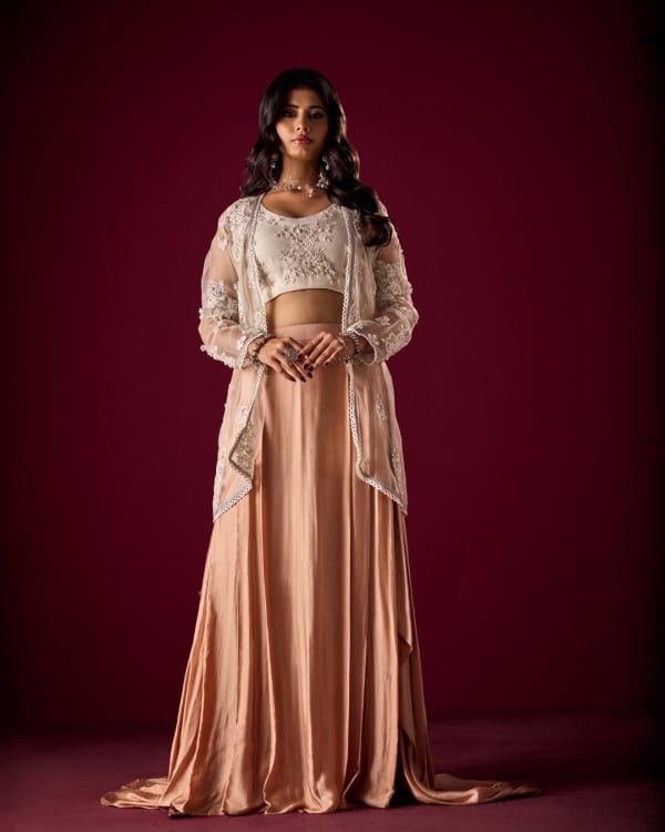A-CA 024 Peach Dress - Luxury Pakistani Casual Dress in Silk with Hand Embroidery