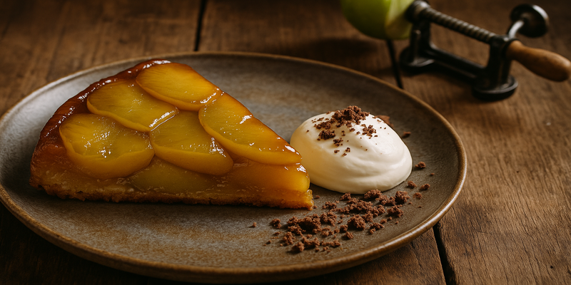 Apple Tatin, Calvados, whipped cream and cocoa crumble
