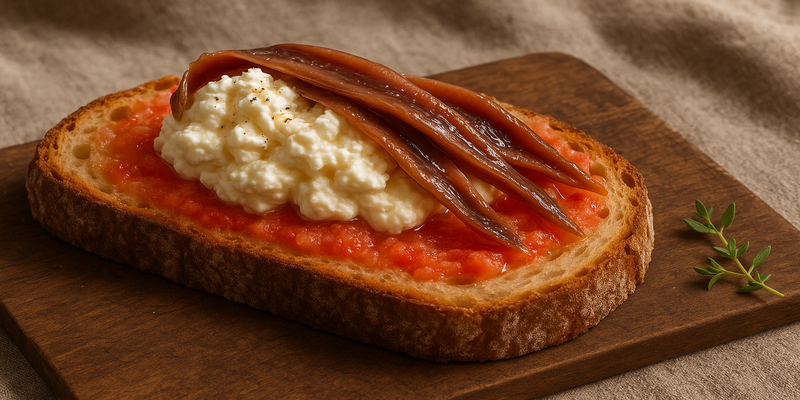 Bread with Tomato, Mató, and Anchovies Cake