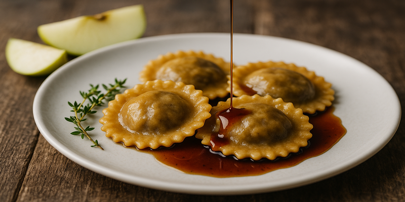 Raviolis de Poma i Botifarra Negre (amb reducció de ratafia)