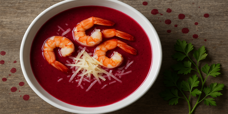 Chilled Cherry Soup with Shrimp Tails