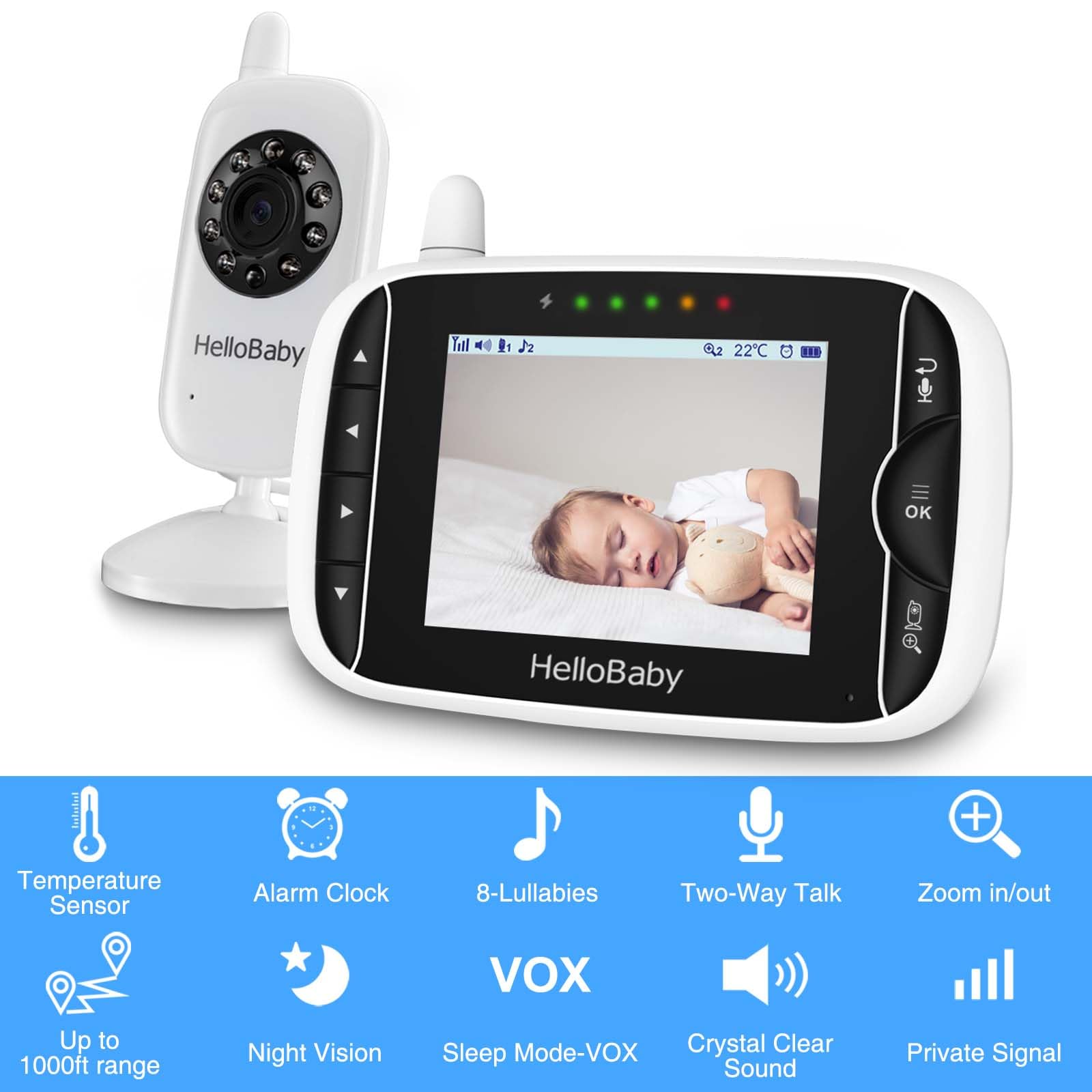HelloBaby HB32 Digital Video Baby Monitor with 3.2-inch Screen and Temperature Humidity Sensor