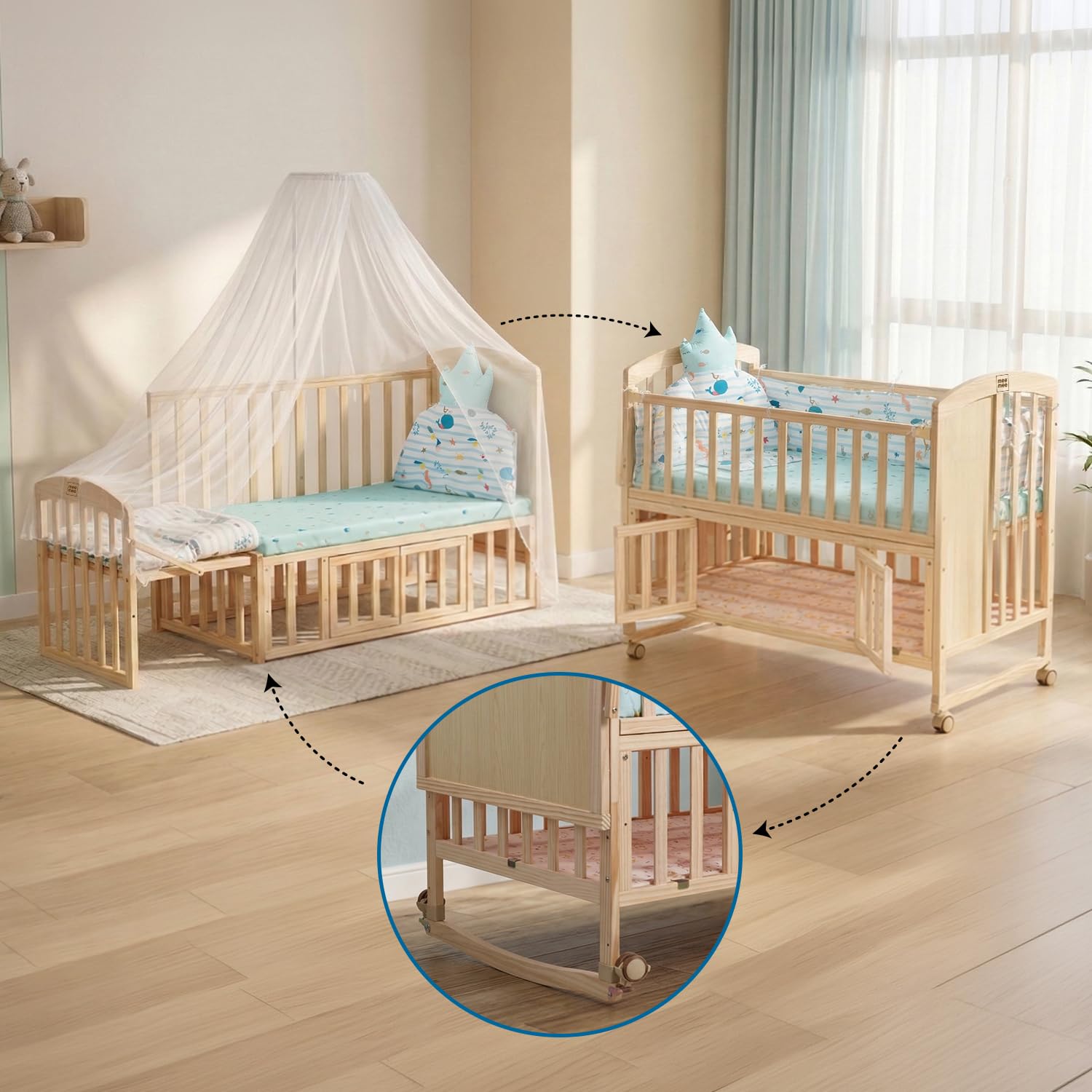 Mee Mee Convertible Baby Crib with Wheel & Brake