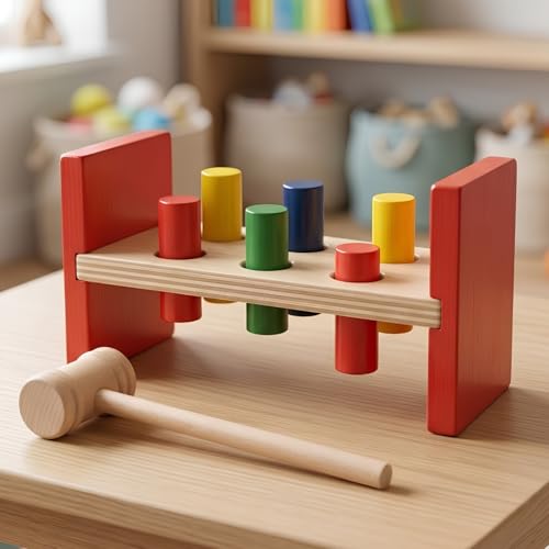 Wooden Tool Bench with Hammer and Pegs