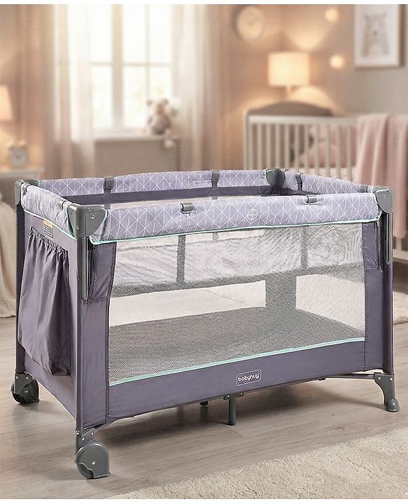 Babyhug Portable Metal Folding Crib with Mattress
