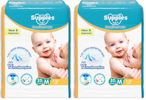 Supples Premium Baby Diaper Pants Size M (6-10 kg) - Monthly Pack (96 Count)