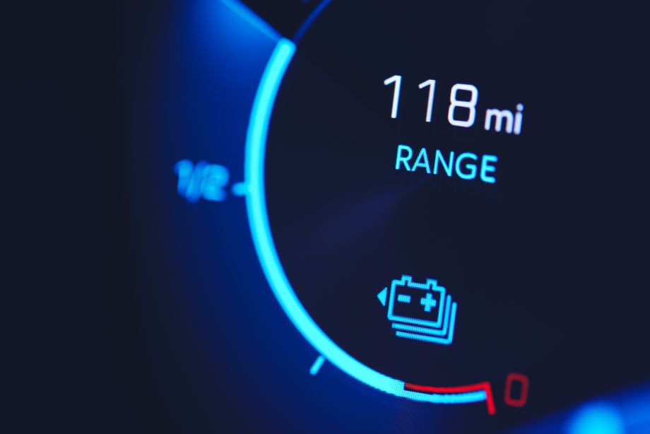 Electric car range counter in vehicle dashboard