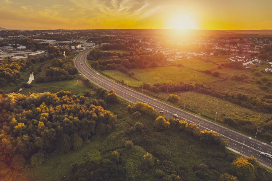 Truck stop road in Ireland road to Galway at sunset