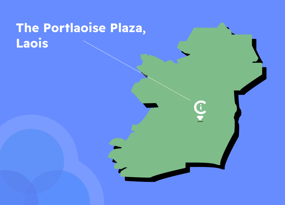 The Portlaoise Plaza Irish truck fuel stop in Laois, pinned on a map in the midlands east of Ireland