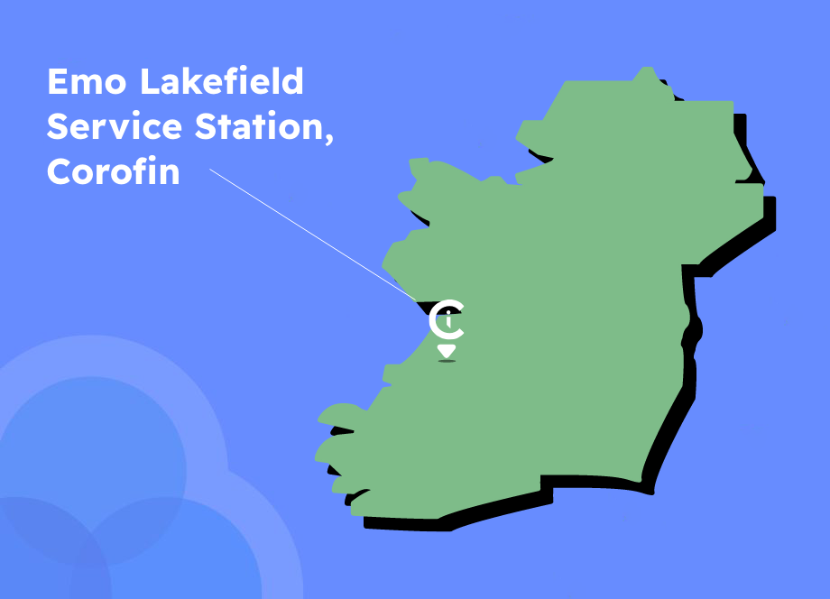 Ireland map with pinned location of Emo Lakefield Service Station in Corofin