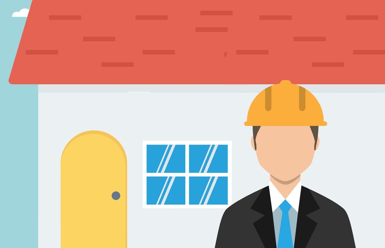 A faceless, cartoon man wearing a suit and a hard hat stands in front of a house and thinks about factoring company spending into his cash flow statement