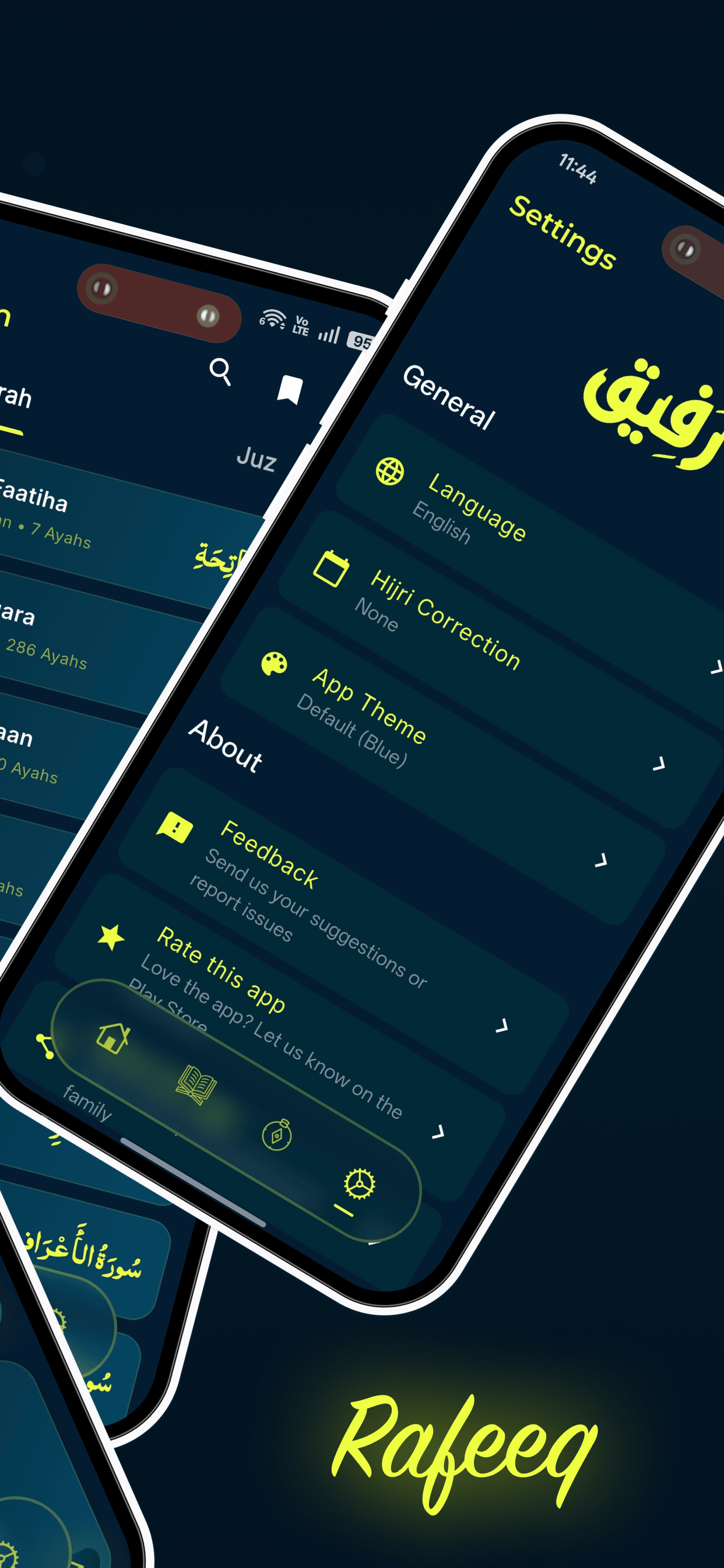 Rafeeq Quran reading screen with Arabic text and translation