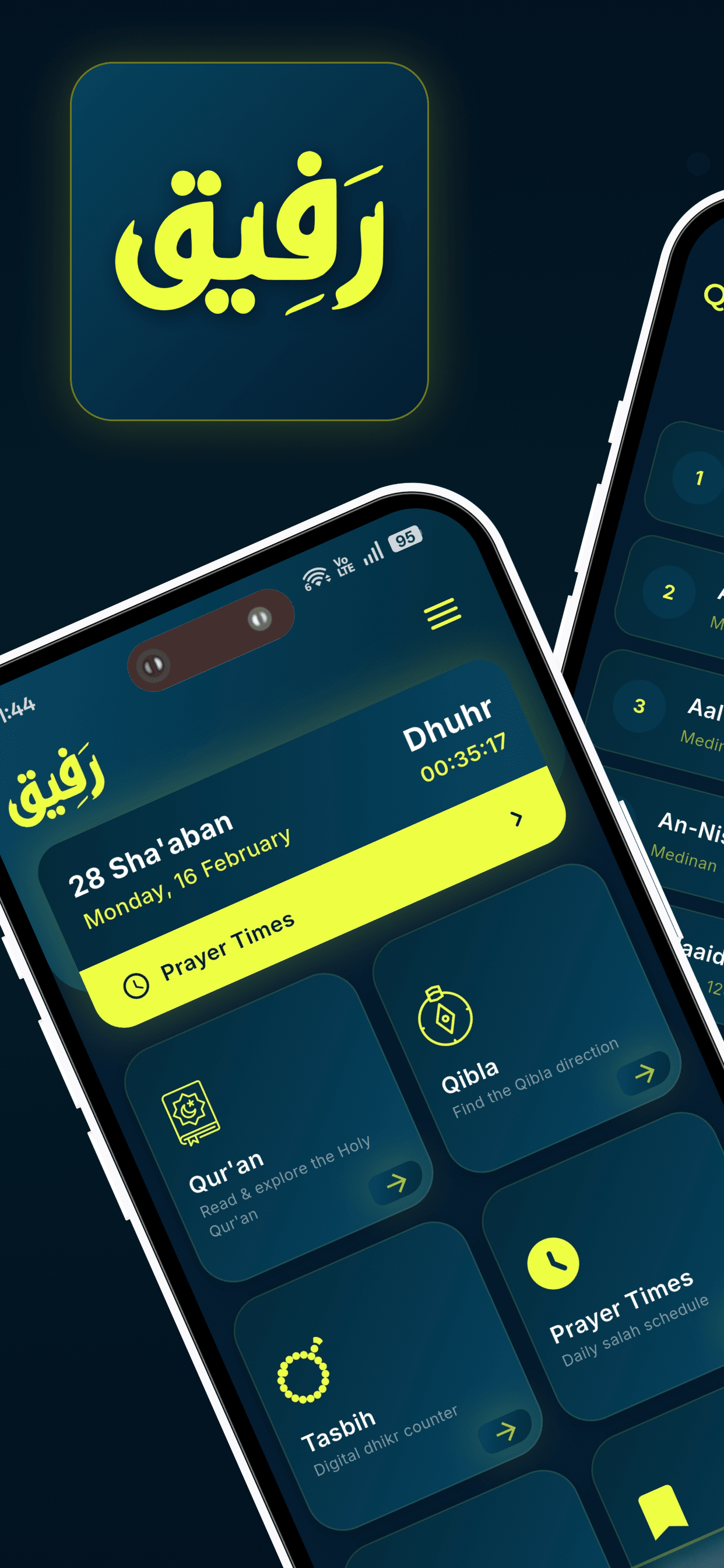 Rafeeq app home screen showing prayer times and daily Islamic features