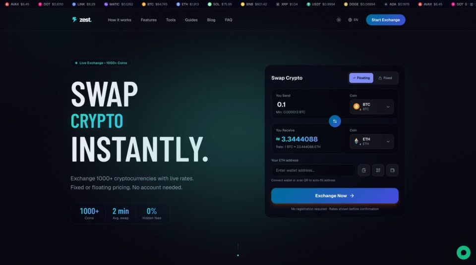 Zest — Instant Crypto Swap & Free Tools | 1000+ Coins screenshot 1