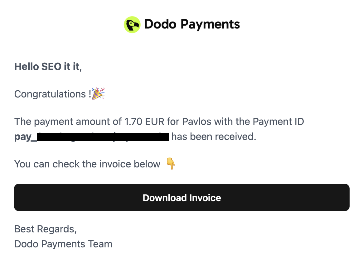 dodo payments email confirming 1.70 eur received for seo it is with congratulations and download invoice button