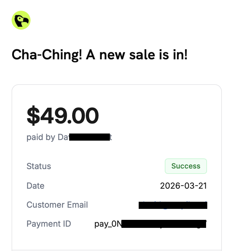 dodo payments new sale notification for 49 dollars with success status dated 2026-03-21
