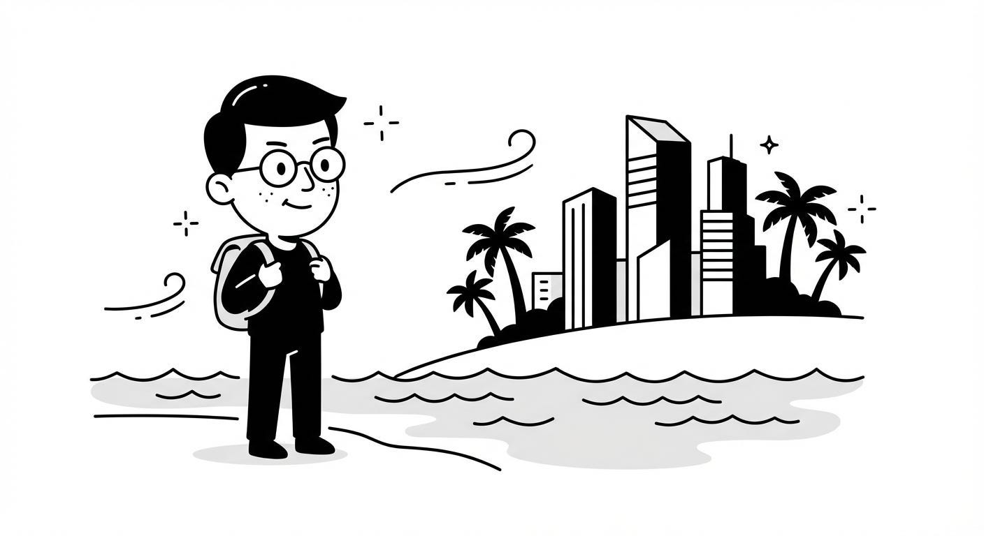 black and white line illustration of a person with a backpack on a beach, looking across the water at an island with palm trees and a city skyline