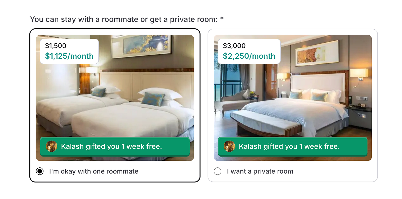 room booking interface comparing shared twin room at 1,125 dollars per month and private room at 2,250 dollars per month, each with a one week free gift banner