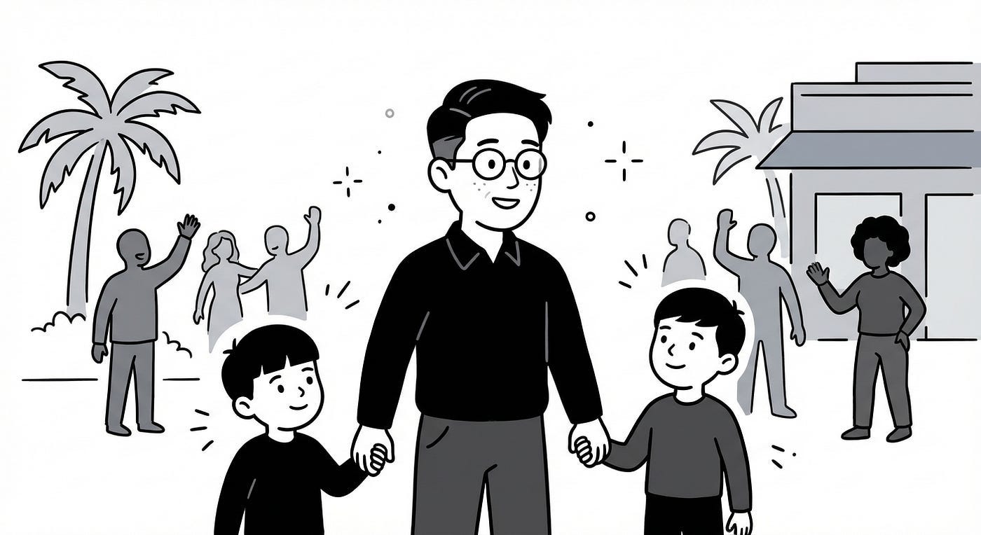 line drawing of an adult holding hands with two children while neighbors wave nearby, with a palm tree and a small building