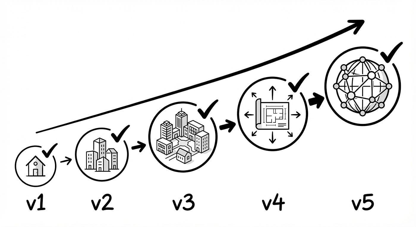 five-stage diagram labeled v1 through v5: house, towers, campus, blueprint spreading outward, and a networked globe under a growth arrow