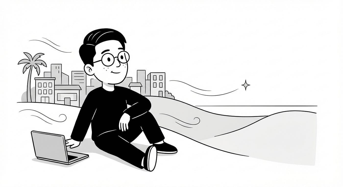line illustration of a person with glasses on a beach using a laptop, with a distant city and palm tree