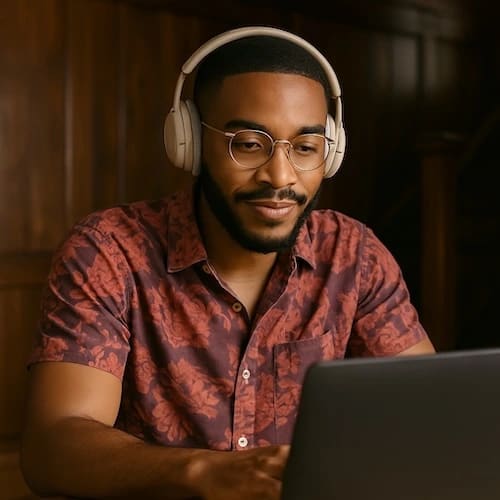 Man wearing headphones and glasses, focused while using a laptop to complete personalized online modules through Neurohub Learning, a platform designed to support his individual learning needs.