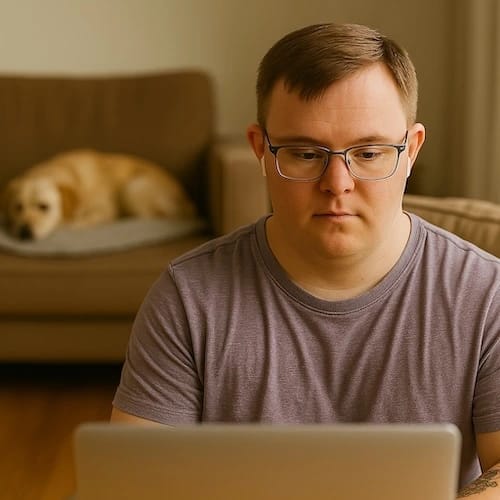 Man wearing glasses and earbuds focused on his laptop while participating in Neurohub Learning, a personalized online learning program designed to support his unique needs. A dog rests in the background, adding a sense of comfort and calm.