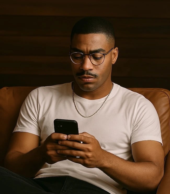 Man focusing on a device during a Neurohub Learning session, part of Link Consulting’s online coaching for neurodivergent individuals.