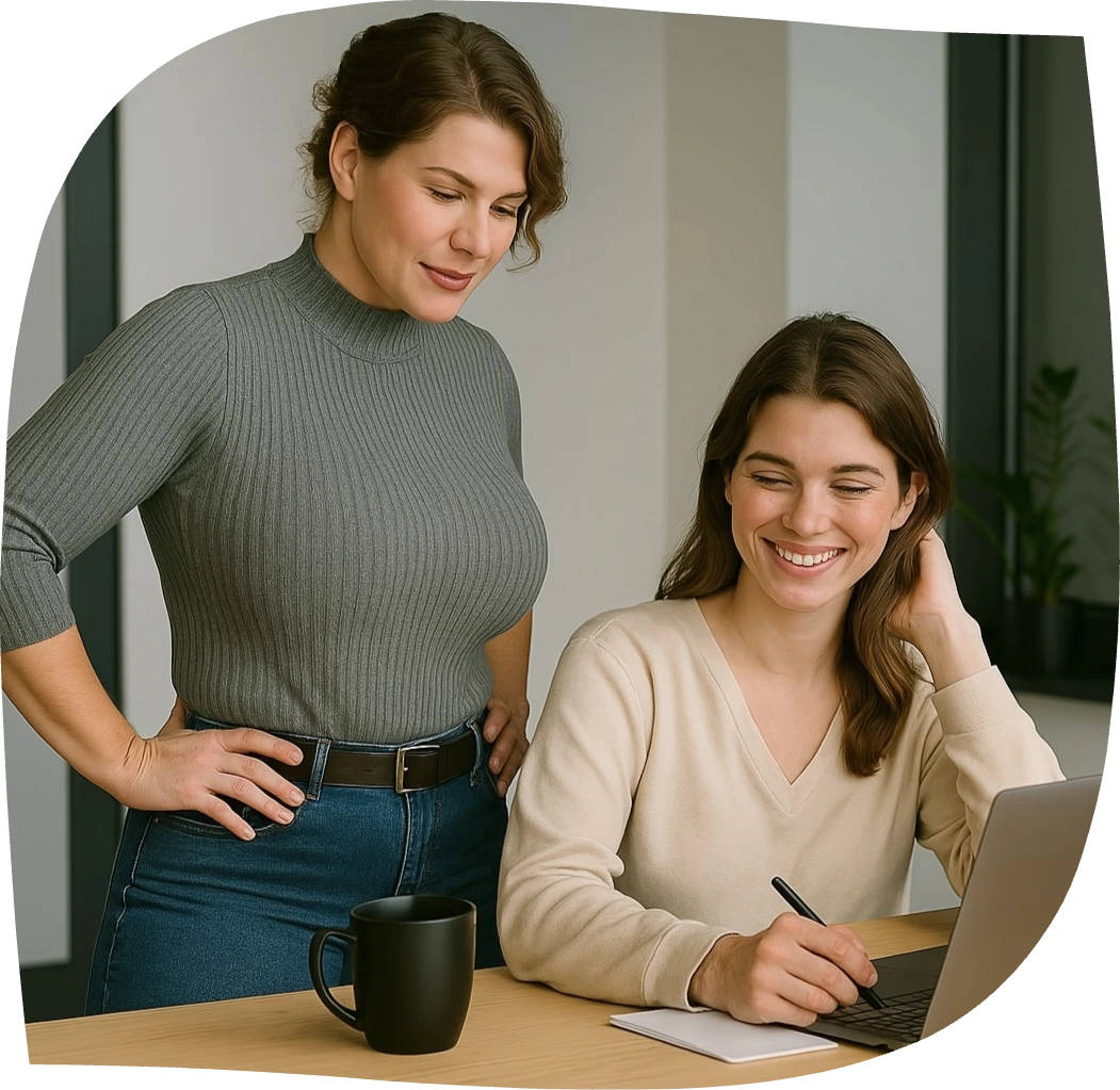 Two women working together at a laptop, representing Link’s collaborative Partner Projects