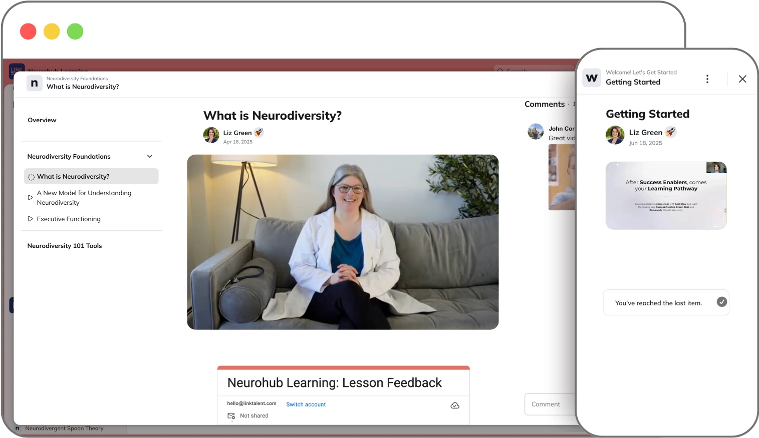 Woman wearing headphones and glasses, focused while using a laptop to complete personalized online modules through Neurohub Learning, a platform designed to support her individual learning needs.