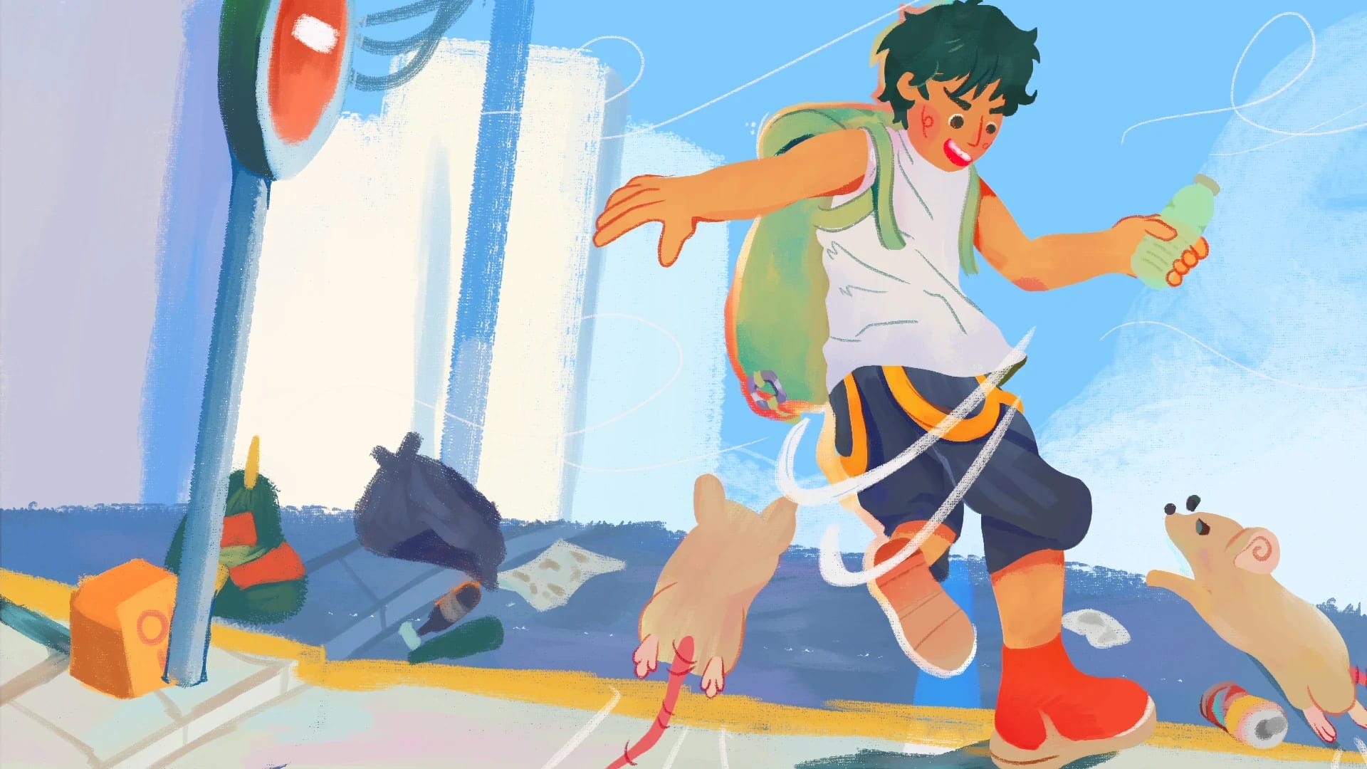Digital Game splash-art Art, the loading screen features a boy running from rats recyling by Fillip Mangia