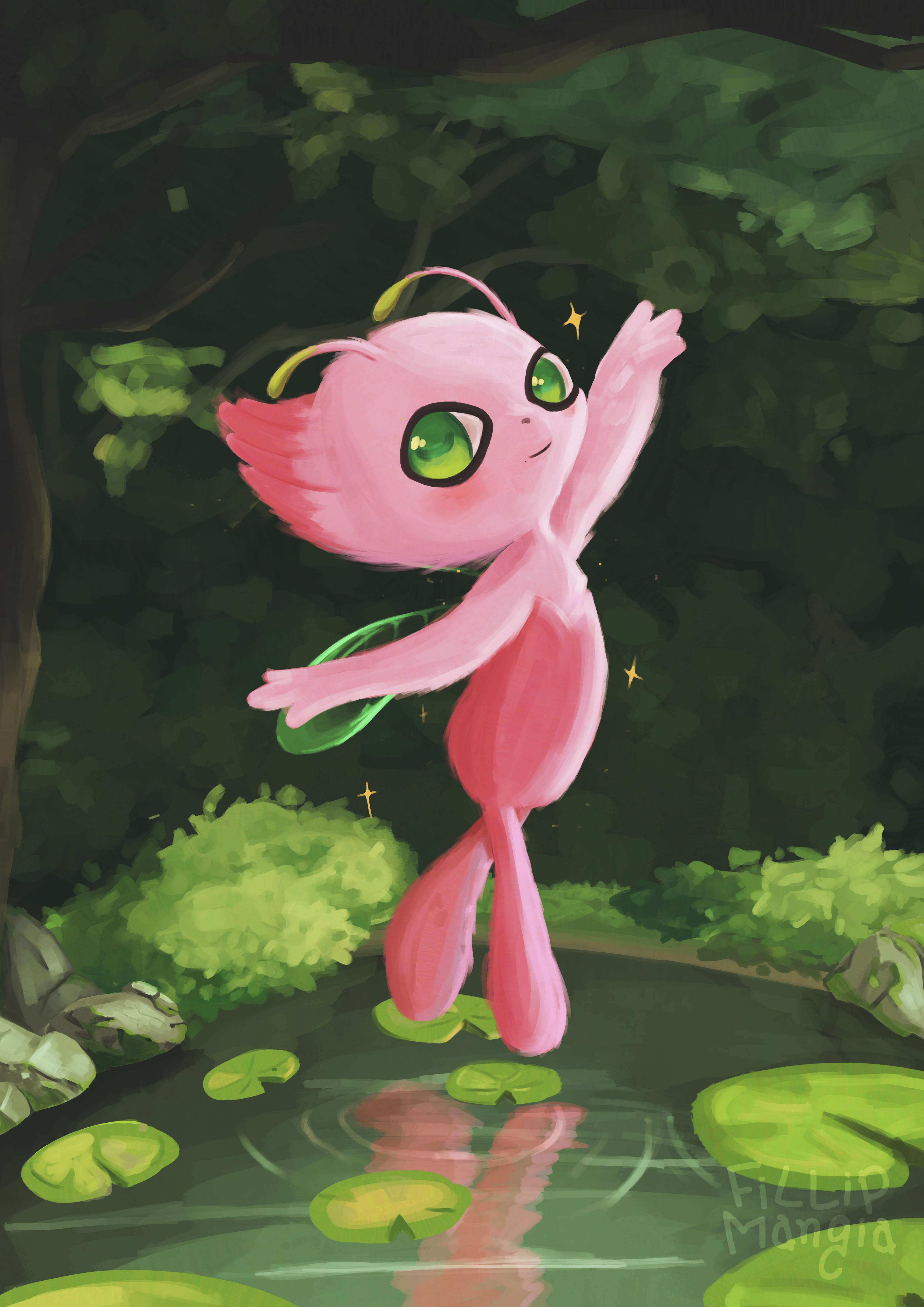 shiny celebi in the woods dancing having fun colorfull pokemon fanart by Fillip Mangia