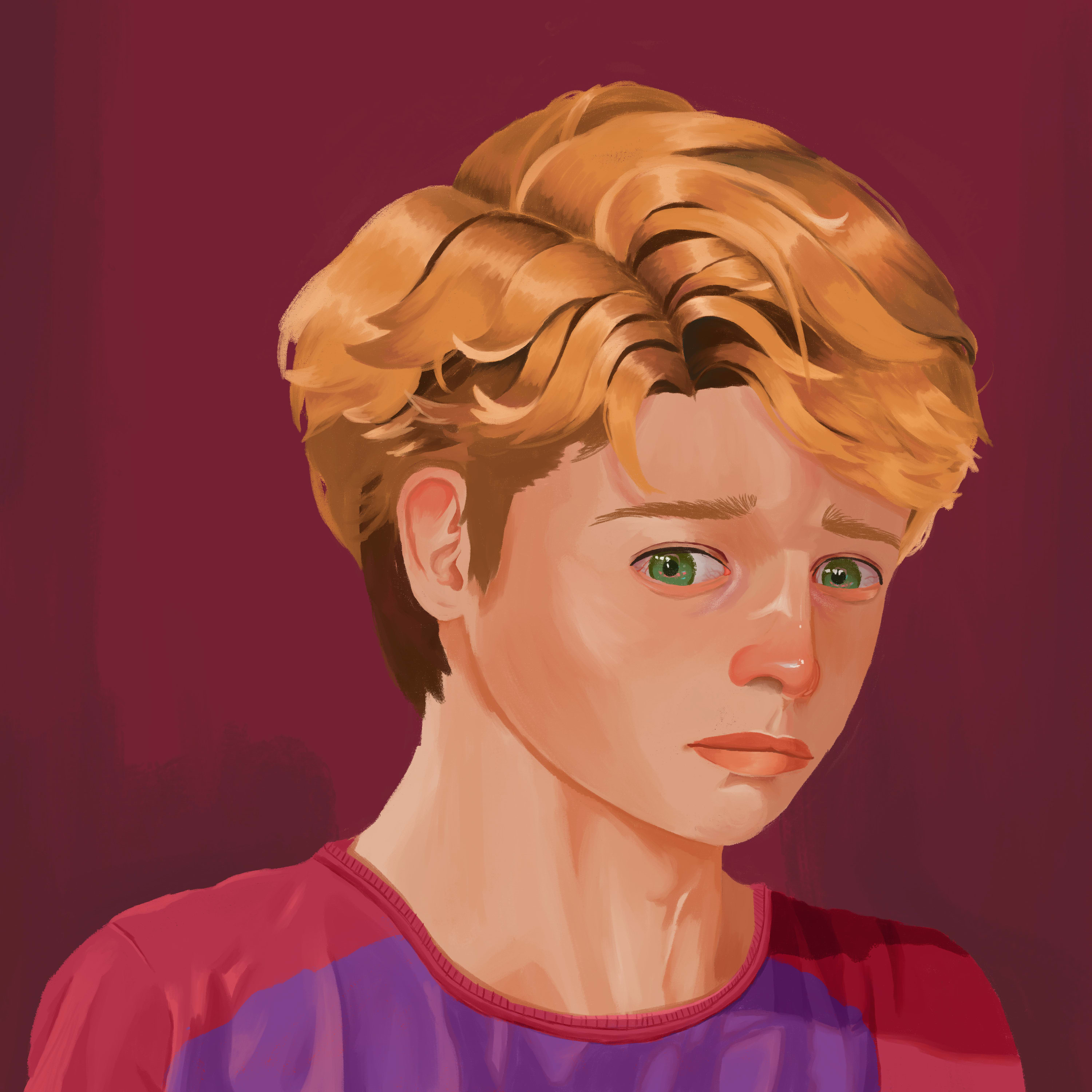 Digital RPG Portrait Art young blonde boy wearing a red and pink t-shirt by Fillip Mangia