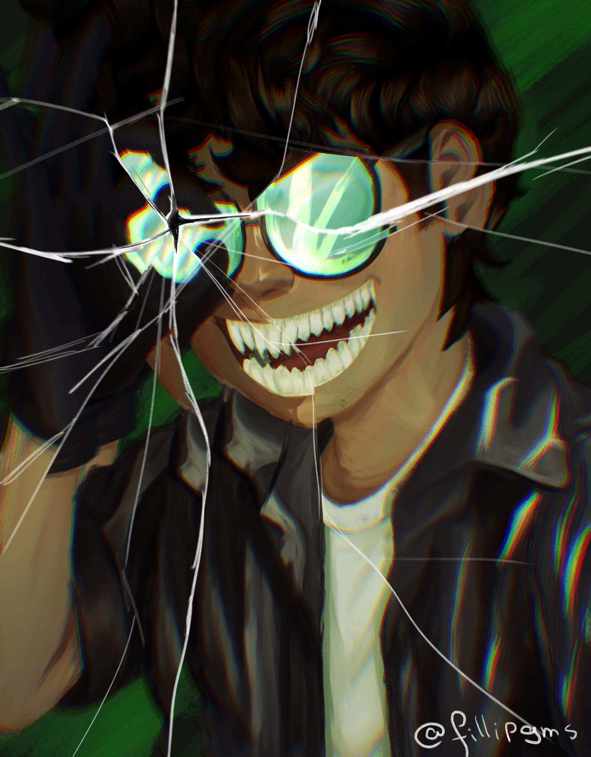 Digital Portrait art featuring Makerabos in a broken glass fragmented illusion with a drak scenery by Fillip Mangia