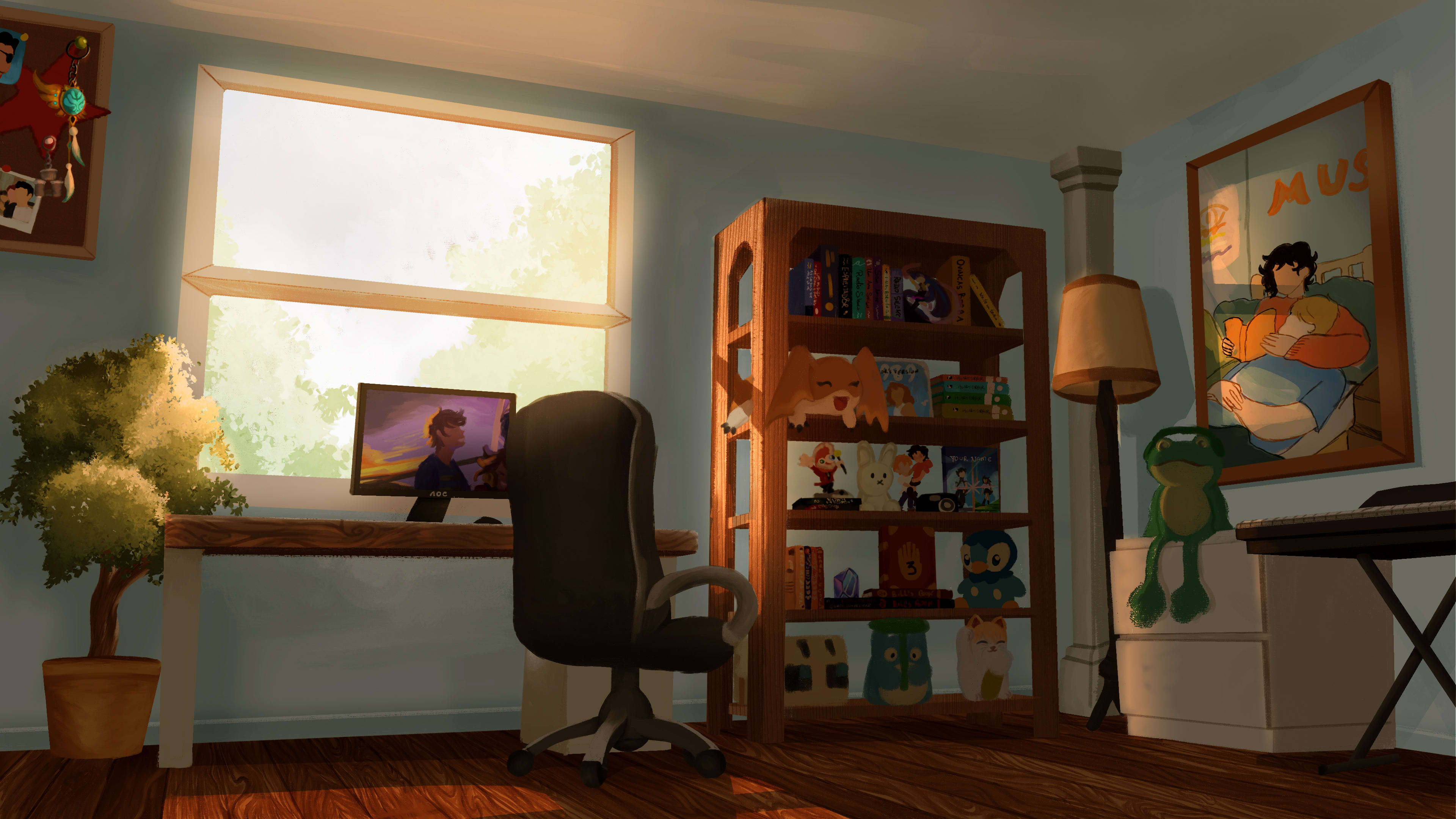 Digital Concept Art of an aesthetic room filled with plushies and a bright window by Fillip Mangia