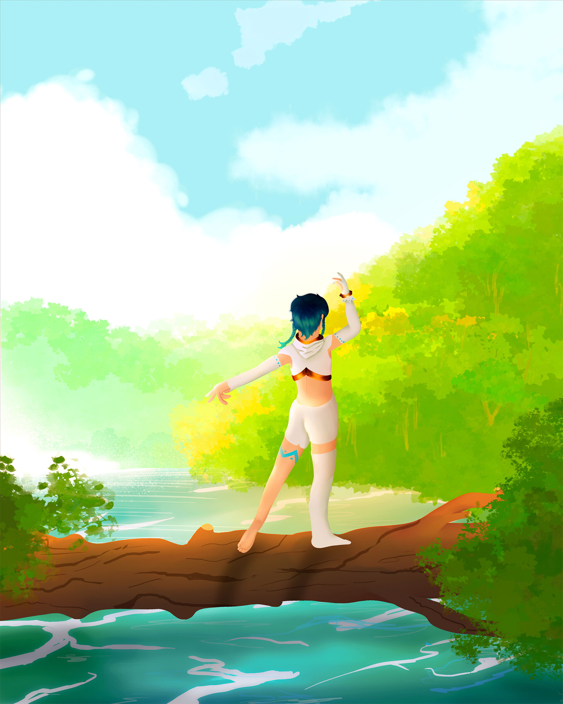 Genshin Impact fanart art featuring Venti in a peacefull forest with river in Mondstadt by Fillip Mangia