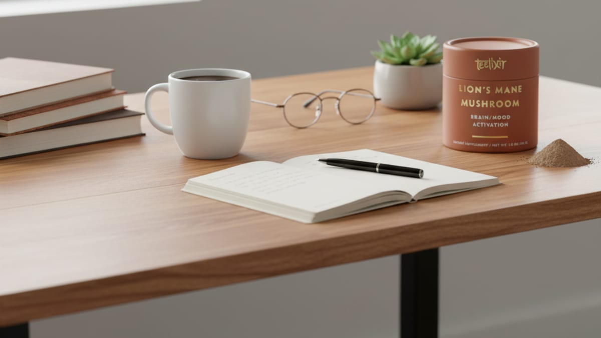 Teelixir Lion's Mane mushroom containers on a clean desk with natural light — comparing products for a buying guide