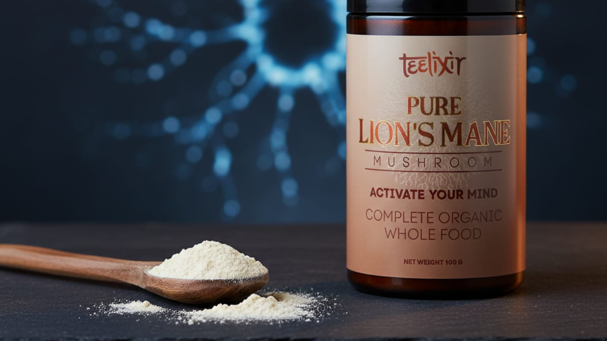 Lion's Mane mushroom extract powder with brain focus imagery — vs Adderall comparison guide