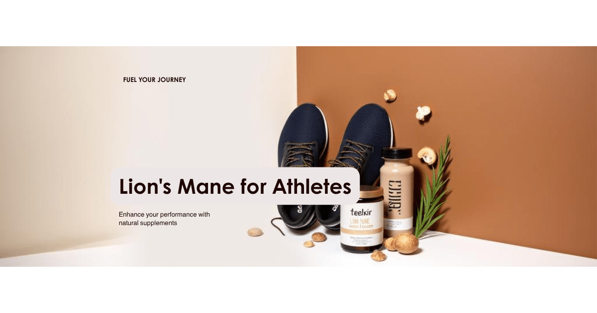 Teelixir Lion's Mane mushroom powder in a shaker bottle against a terracotta background with running shoes, evoking athletic recovery
