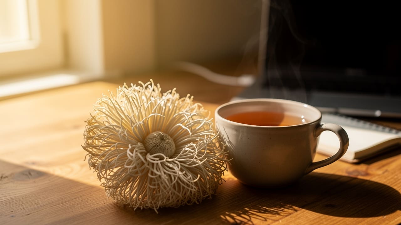 Lion's mane mushroom beside a steaming cup of morning tea in warm natural light, photographed in terracotta and earthy tones