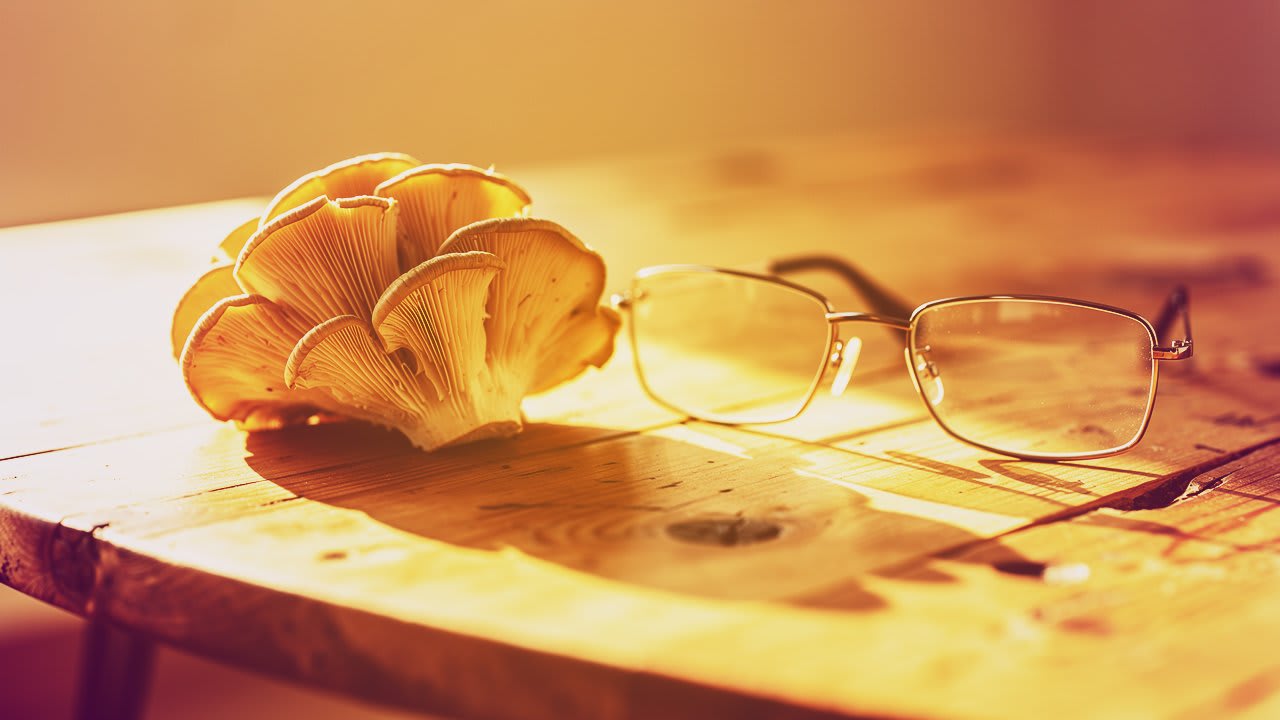 Lion's mane mushroom alongside reading glasses on a natural wooden desk in warm terracotta light