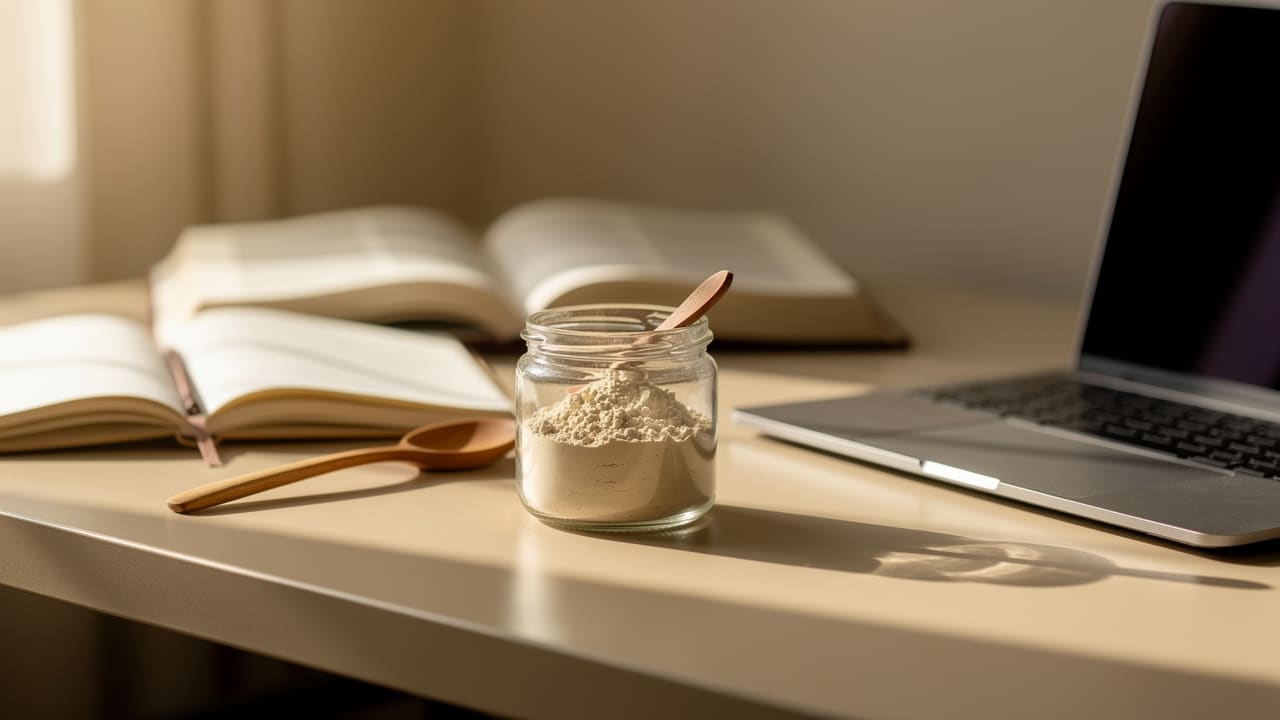 Lion's mane mushroom powder on a modern study desk with books, laptop and terracotta ceramic cup