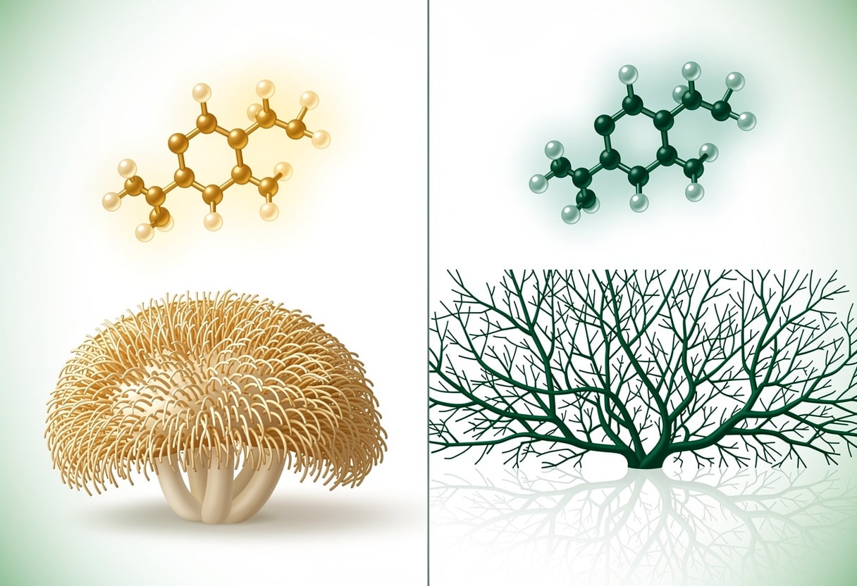 Scientific infographic showing hericenones and erinacines molecular families from Lion's Mane mushroom