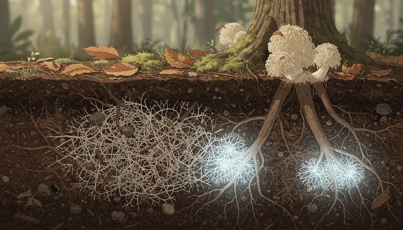 Cross-section view of underground mycelium network of Lion's Mane mushroom spreading through forest soil