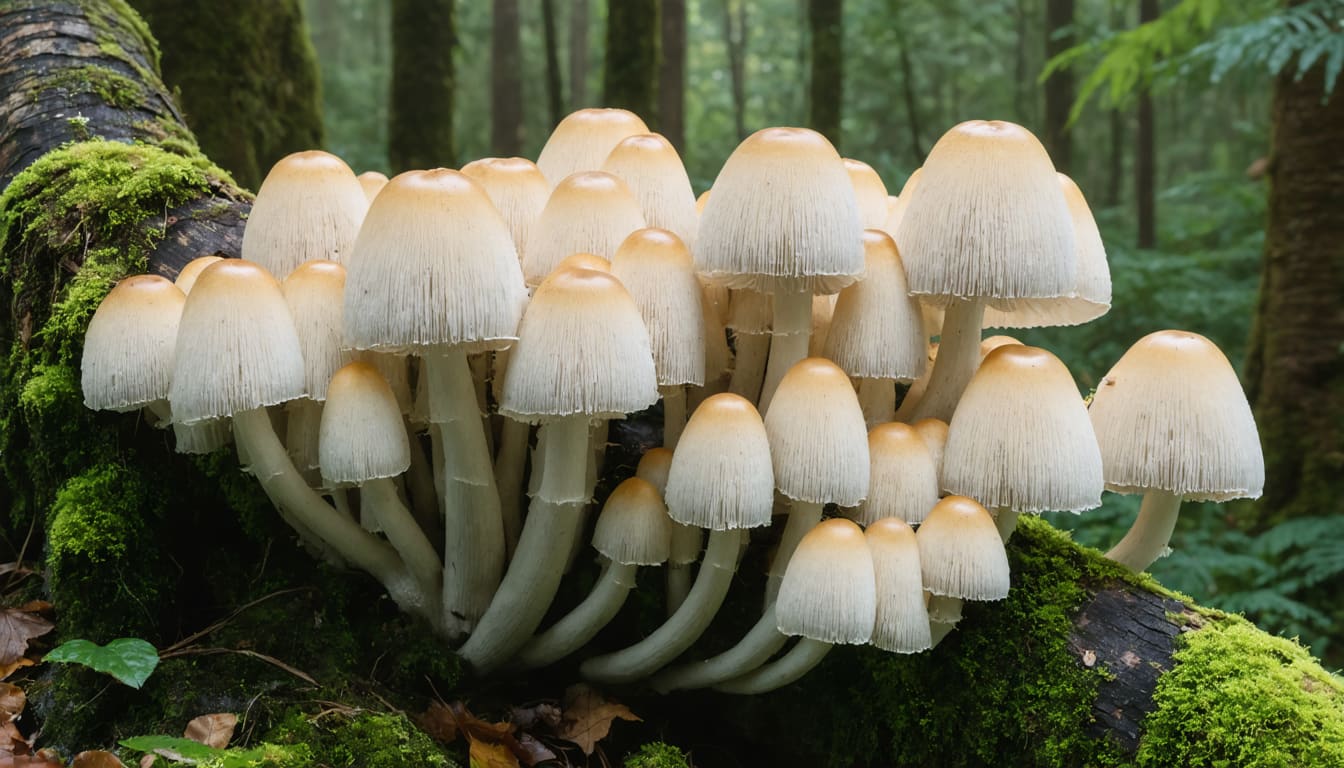 Cascading white Lion's Mane mushroom (Hericium erinaceus) growing on fallen hardwood log in ancient forest with golden morning light
