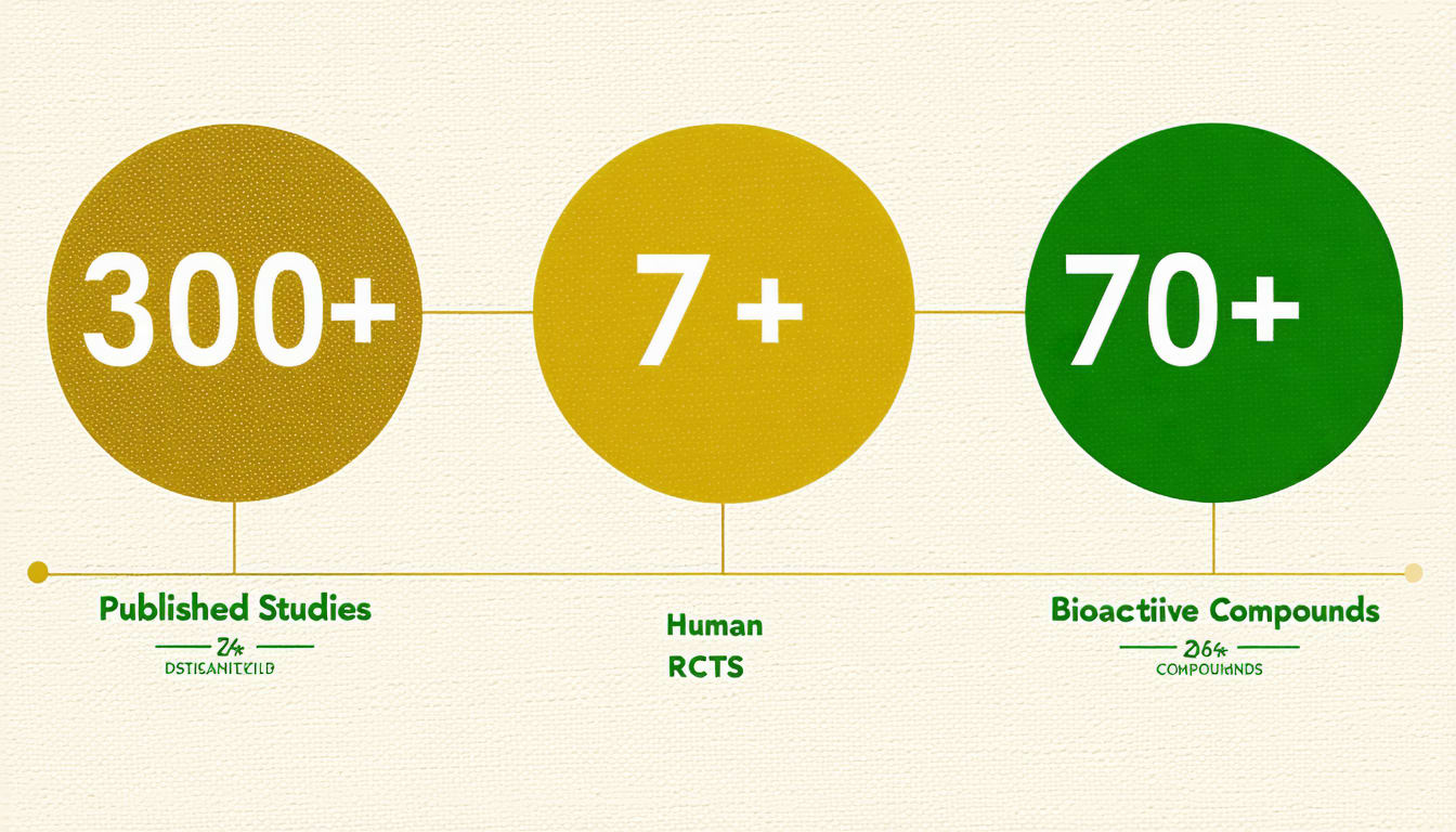 Lion's Mane Evidence Summary — 300+ studies, 7 RCTs, 70+ bioactive compounds identified in peer-reviewed research